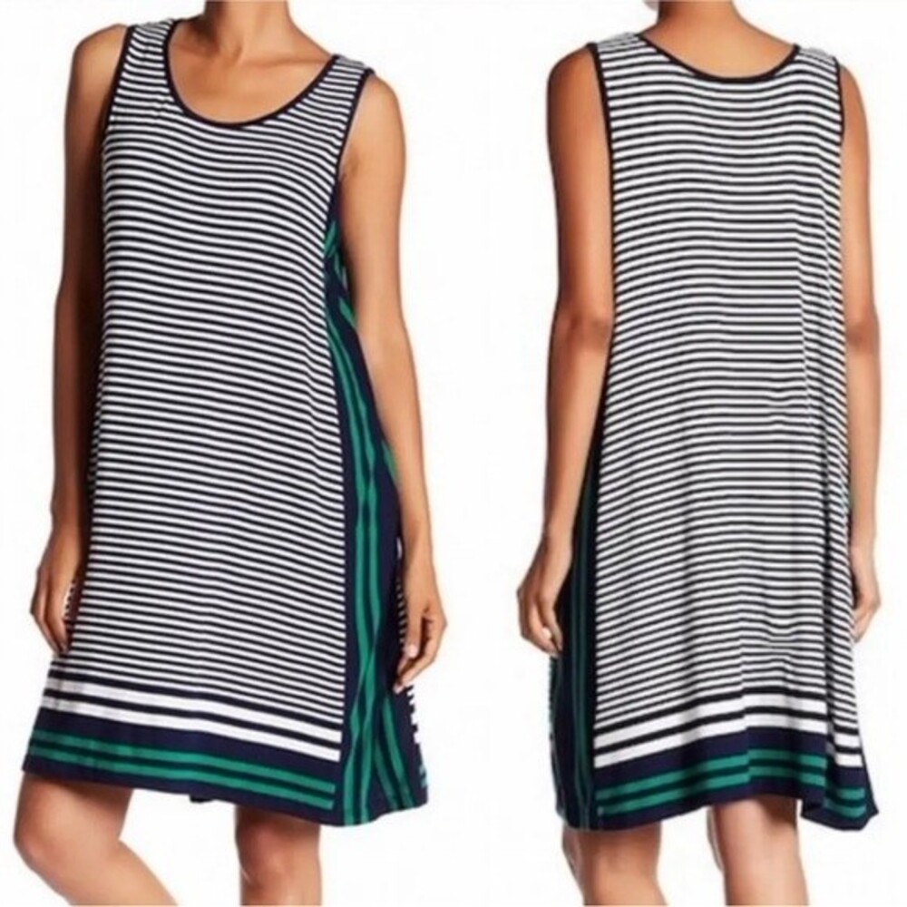Max Studio navy white and green trapeze shift dress size medium